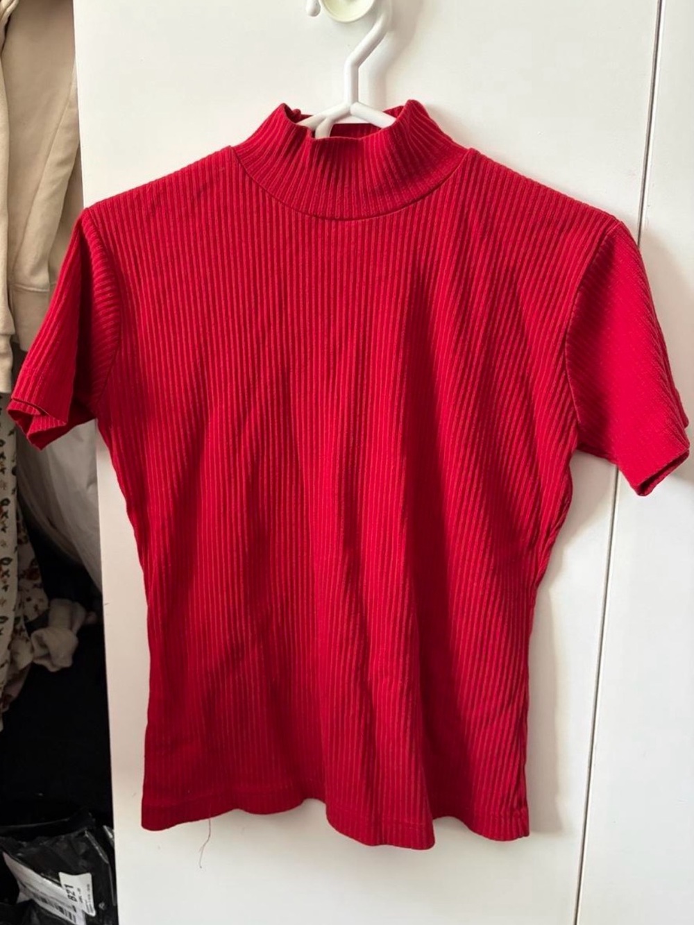 Red Ribbed Mock Neck Short Sleeve Top